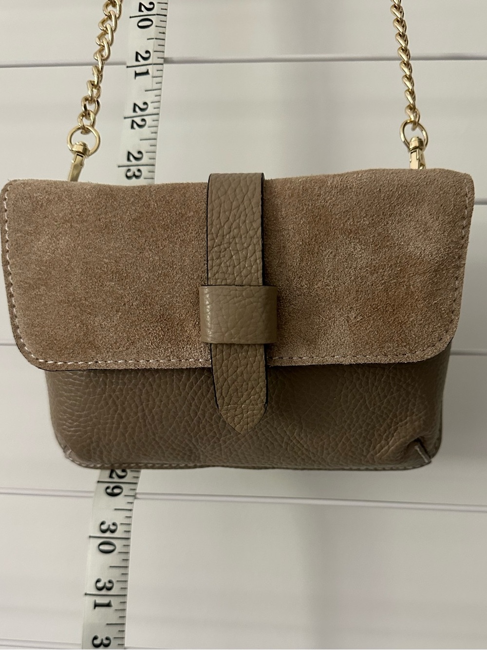 Taupe Suede and Leather Mini Crossbody with Gold Chain Strap